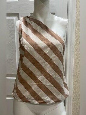 Avara Connie Top One Shoulder Tan White Diagonal Striped Medium - NWT